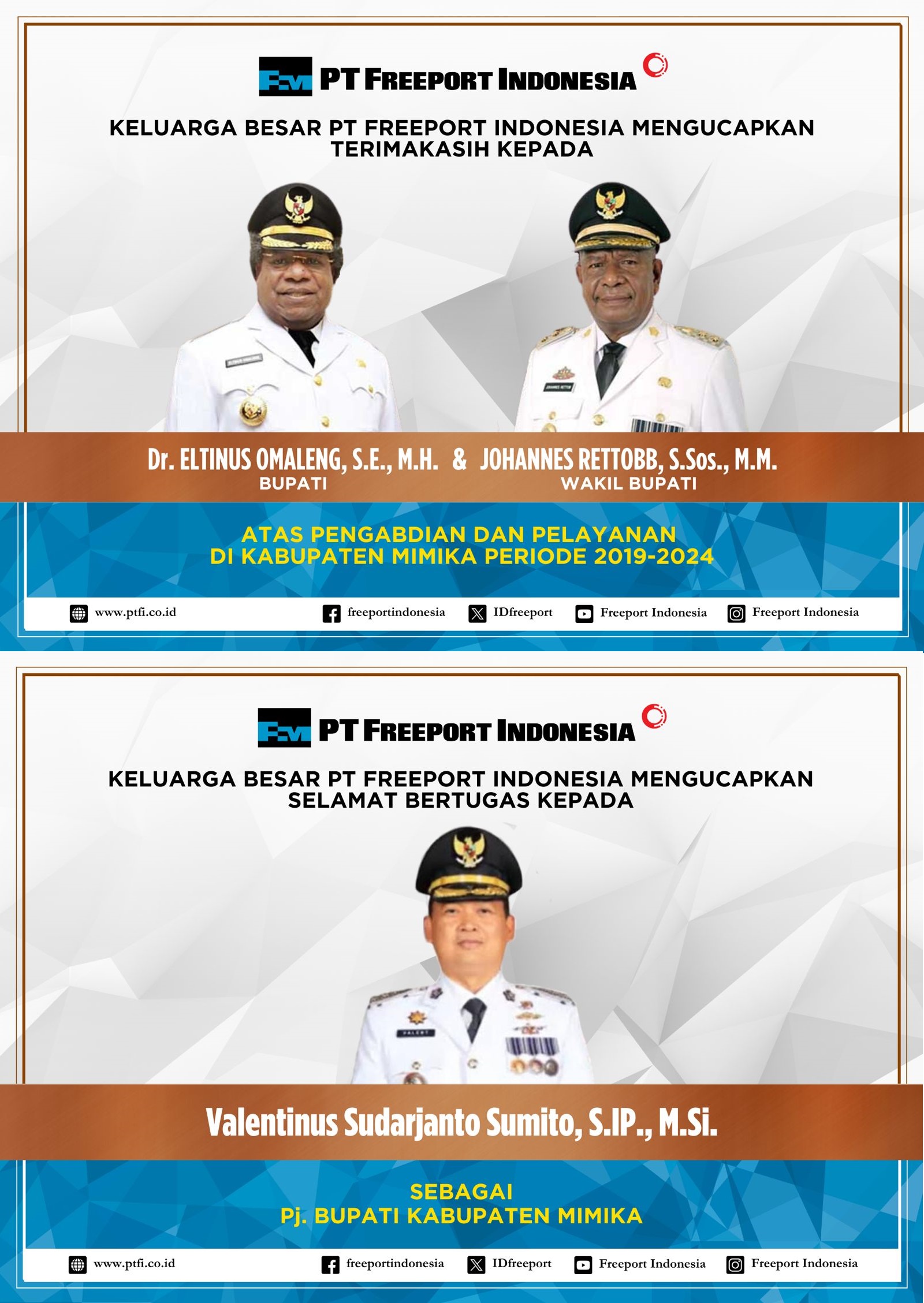 Ucapan Selamat Utk Pj Bupati Mimika Dari PTFI