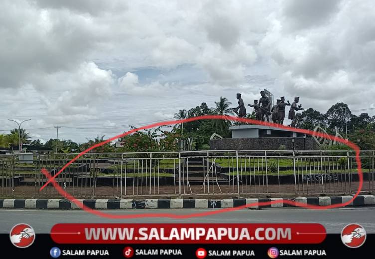 Pagar Keliling Bundaran Petrosea Rusak Parah, Keamanan Patung Budaya Kamoro Terancam
