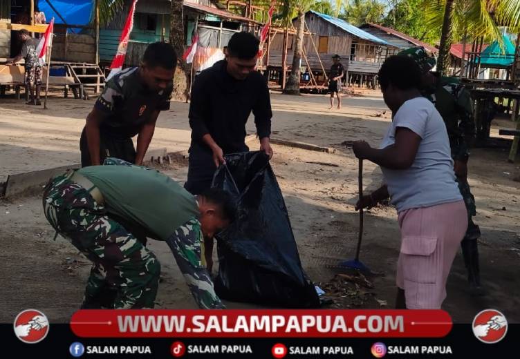 Satgas TMMD Dan Warga Gotong Royong Bersihkan Kampung Keakwa