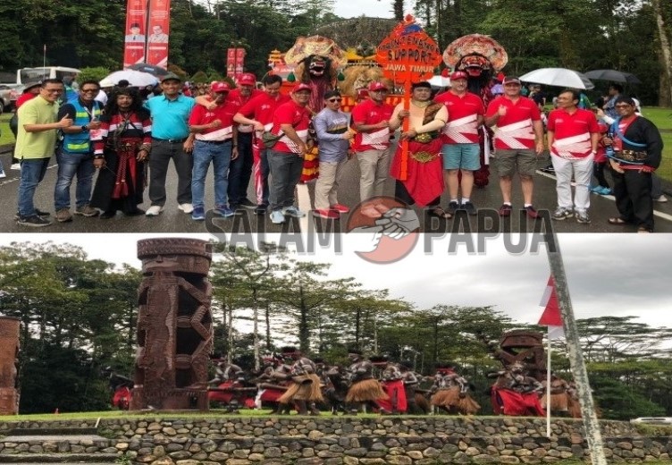 Foto bersama saat pembukaan ‘We Are One Festival’ (atas) dan situasi saat ritual adat untuk pemugaran Patung Kamoro di Bundaran Kuala Kencana (bawah), Sabtu (19/8/2023) (Foto:salampapua.com/Evita)
