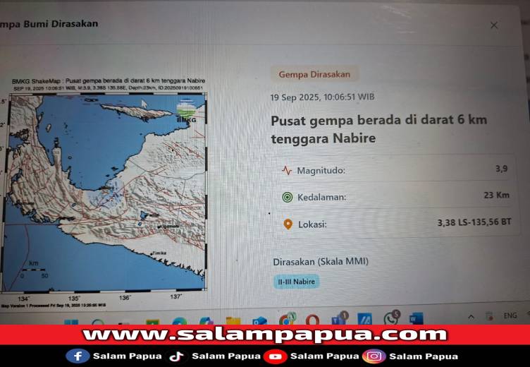 3 Kali Gempa Magnitudo 6,6, 5,1 Dan 3,9 Guncang Nabire