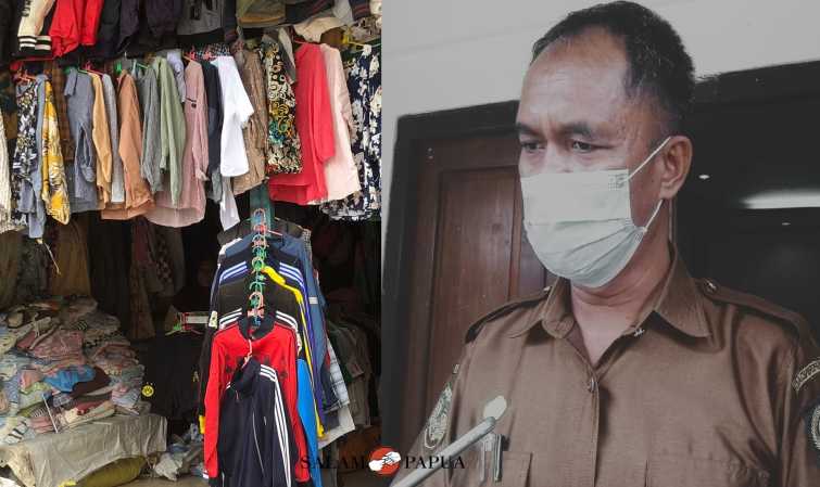 Pakaian Cakbor impor yang dijual di Pasar Lama Timika (kiri), Kadisperindag Mimika Petrus Pali Ambaa (kanan) (Foto:salampapua.com/Evita)